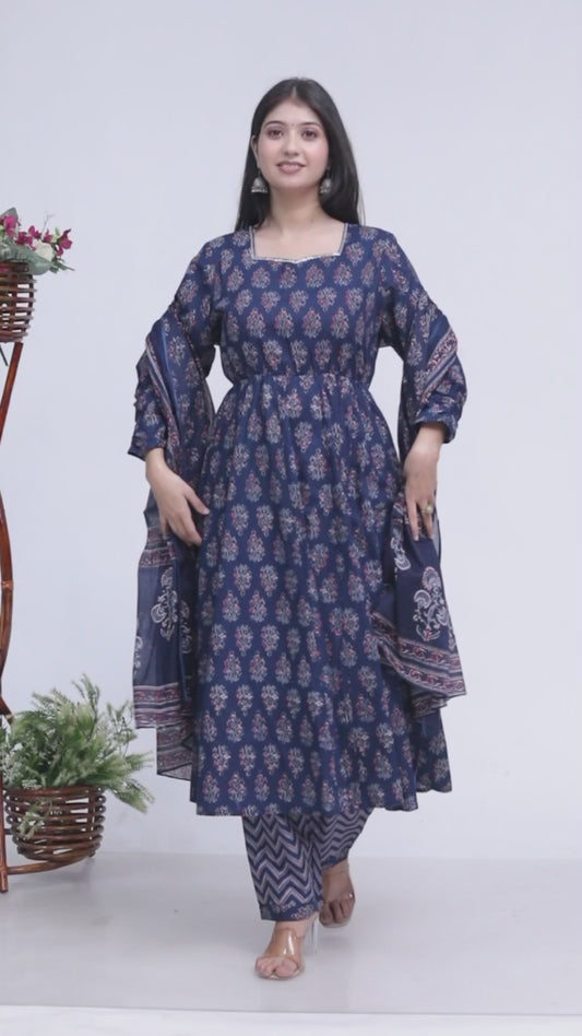 Sakura Women's Indigo Blue Cambric Cotton Ajrak-Inspired Anarkali Kurta Set with Dupatta and Pants