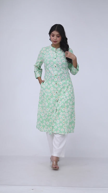 Sakura Women's Sea Green Floral Cotton Kurta with Palazzo Set