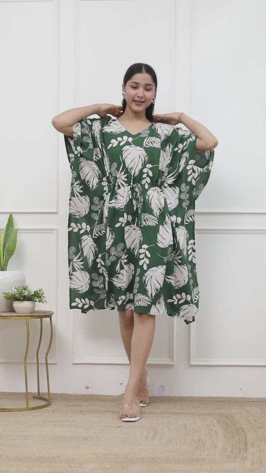 Sakura Women's Green Leaf Print Kaftan Dress | 100% Liva Rayon Staple | Drawstring Waist | Relaxed Fit