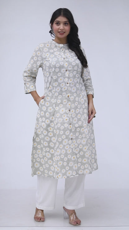 Sakura Women's Grey Floral Cotton Kurta with Palazzo Set