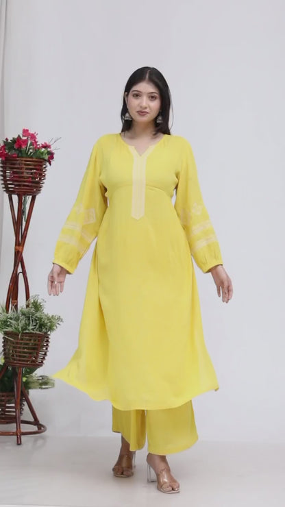 Sakura Yellow Embroidered Viscose Rayon Crepe Kurta Set for Women | Ethnic Wear for Festive & Casual Occasions