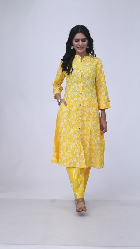 Sakura Yellow Floral Print Princess-Cut Cotton Kurta with Palazzo Set for Women – 100% Cambric Cotton, Pockets, Comfortable Fit