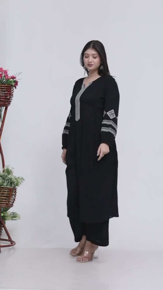 Sakura Black Embroidered Viscose Rayon Crepe Kurta Set for Women | Ethnic Wear for Casual & Festive Occasions