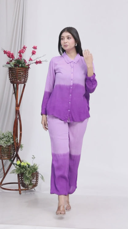 Sakura Women's 100% Liva Viscose Rayon Crepe Tie-Dye Co-Ord Set | Lavender Ombre | Handcrafted Azo-Free Dye | Relaxed Fit Shirt & Pant