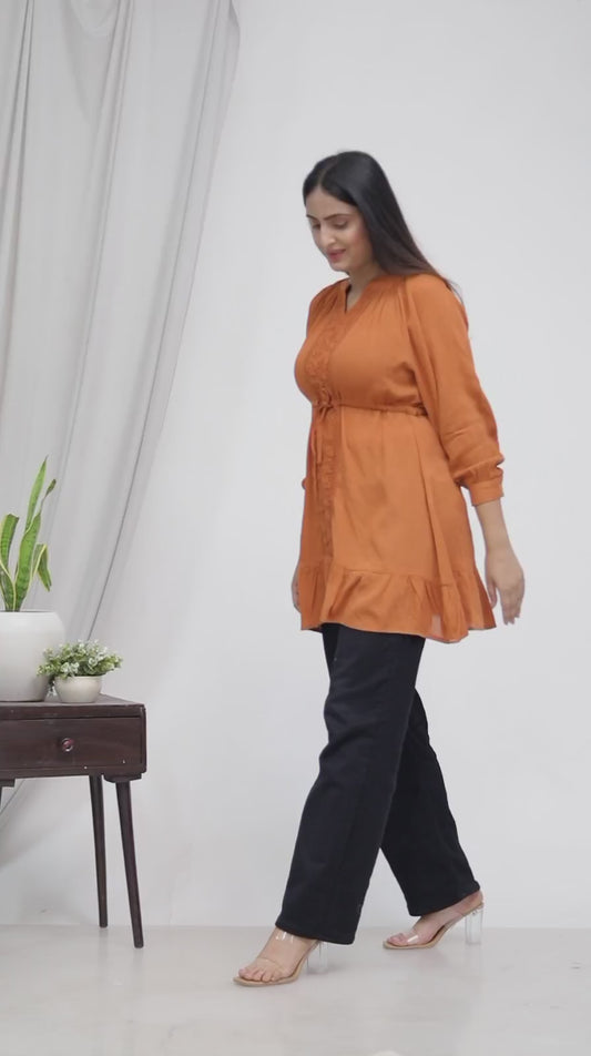 Rust V-Neck Lace Detail Topwear for Women – 100% Liva Rayon Crepe | Soft, Flowy & Breathable | Casual & Office Wear