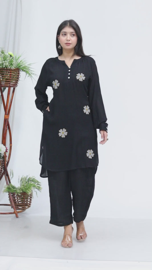 Sakura Women's Black Floral Embroidered Liva Rayon Crepe Two-Piece Kurta and Pant Set