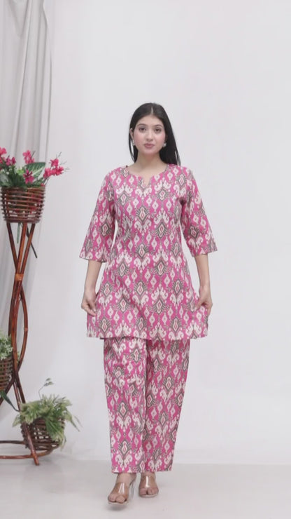 Pink Ikat Print Cotton Kurta Set with Pockets | Stylish & Comfortable Co-Ord Set