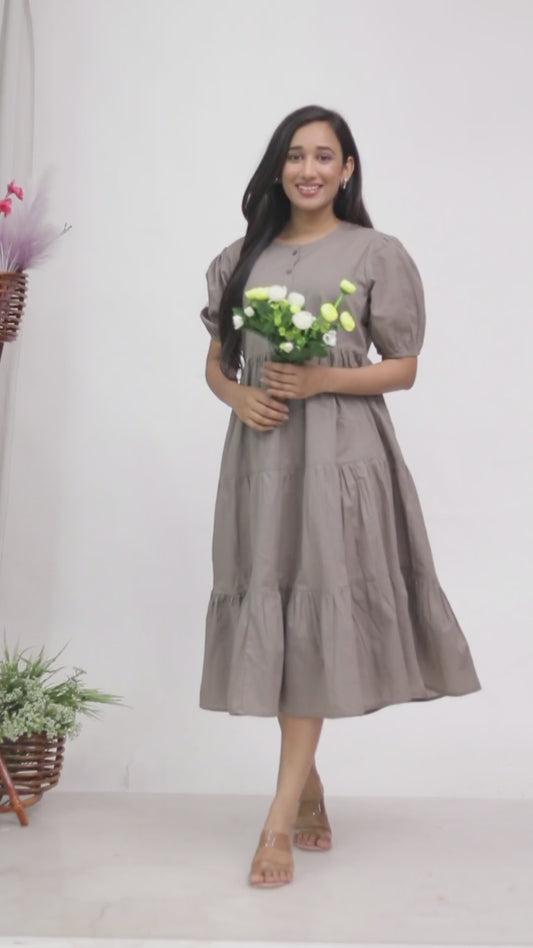Solid Cotton Tiered Midi Dress with Puff Sleeves