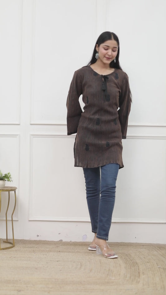 Sakura Women's Coffee Brown Stone-Washed Cotton Crepe Embroidered Tunic with Tassel Tie Neck