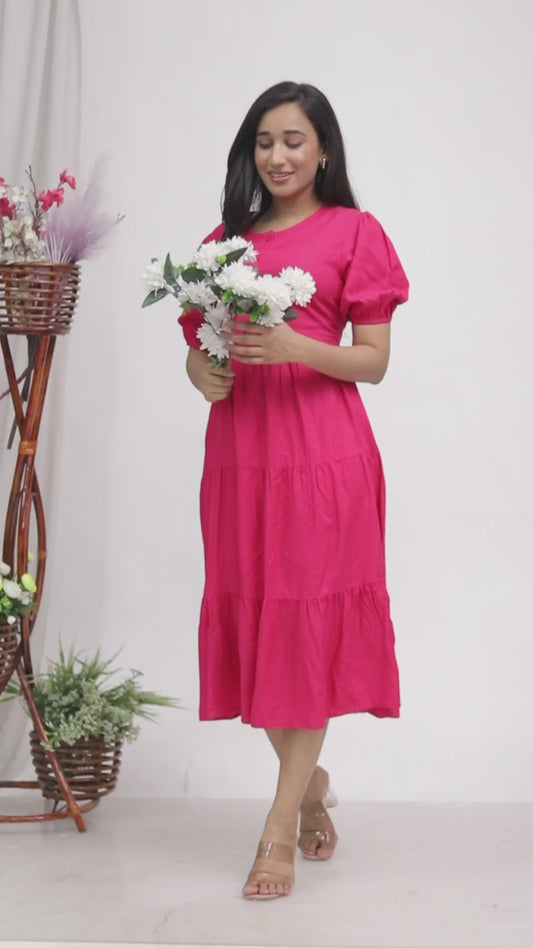 Solid Cotton Tiered Midi Dress with Puff Sleeves