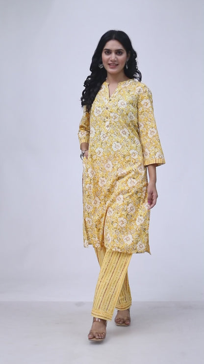 Sakura Yellow Floral Print Cotton Kurta with Palazzo Set for Women – 100% Cambric Cotton, Comfortable Fit, Pockets