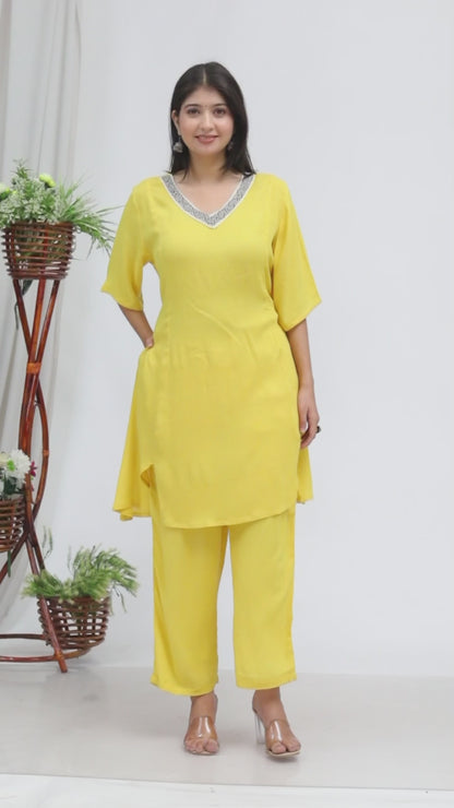 Elegant Two-Piece Set – Yellow Liva Rayon Crepe with Lace Neckline