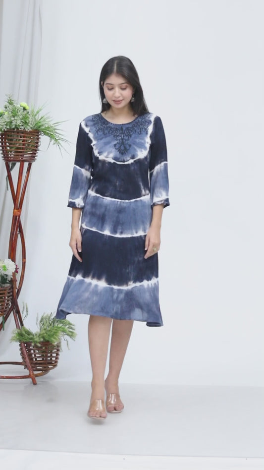 Elegant Handcrafted Tie-Dye Rayon Dress with Embroidery - Navy Blue