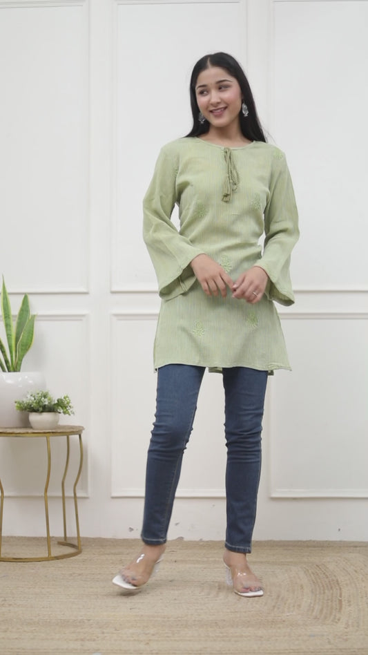 Sakura Women's Light Olive Green Stone-Washed Cotton Crepe Embroidered Tunic with Tassel Neck