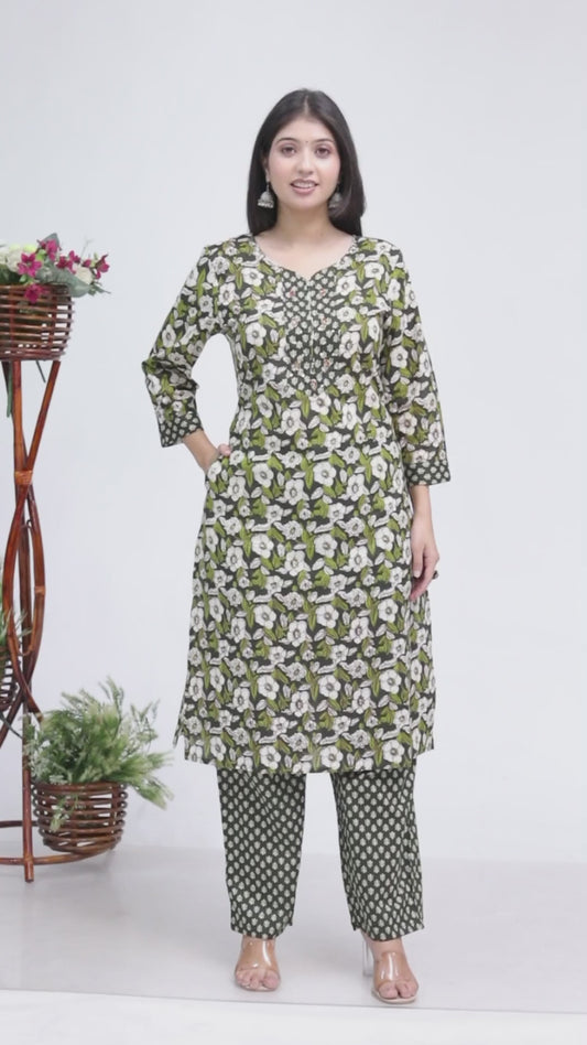 Sakura Mint Green Cambric Cotton Kurta & Palazzo Set with Handwork Embroidery