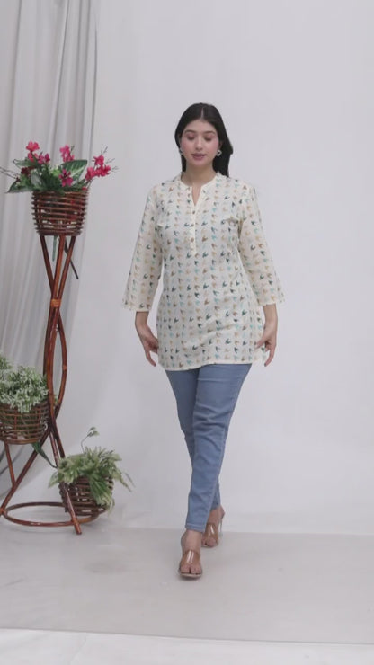 Sakura Women's Cream Printed Cotton Kurti – Elegant & Comfortable Casual Wear