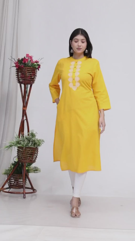 Sakura Women's Yellow Cambric Cotton Kurti with Intricate Thread Embroidery