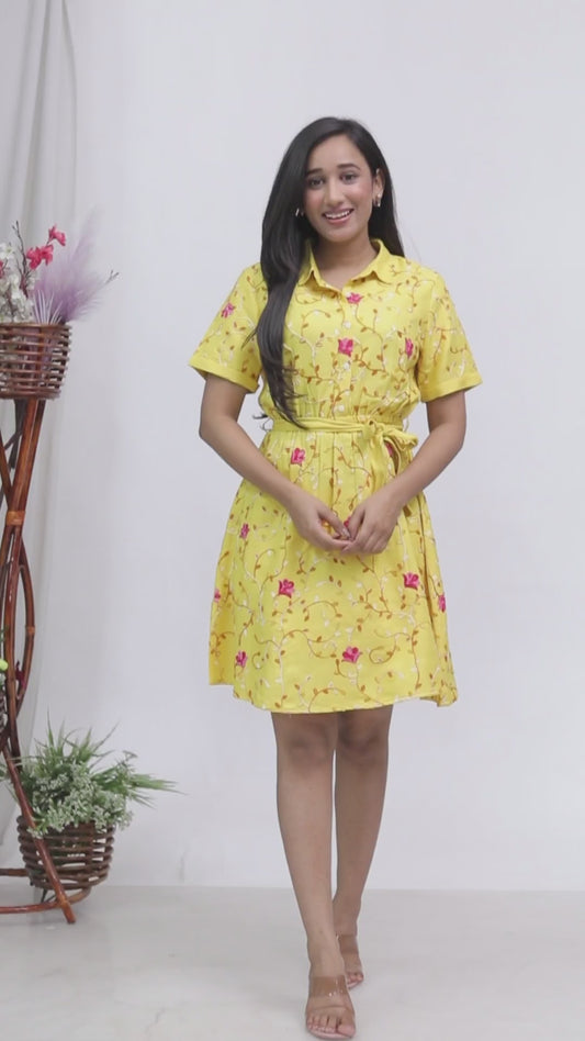 Sakura Women's Yellow Shirt Dress with All-Over Aari Embroidery – Premium Rayon Twill