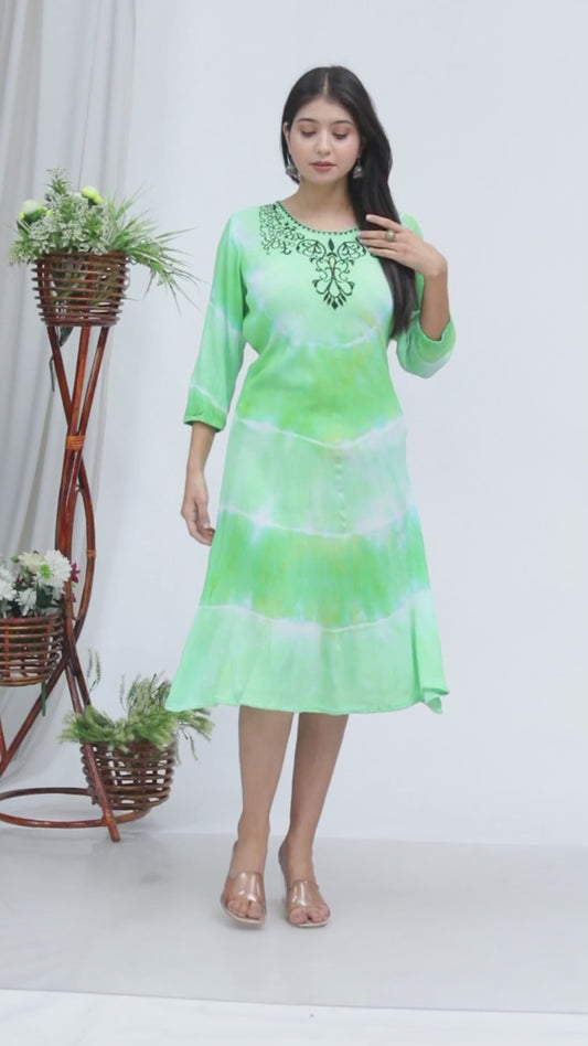 Handcrafted Tie-Dye Rayon Dress with Embroidery - Fresh Green