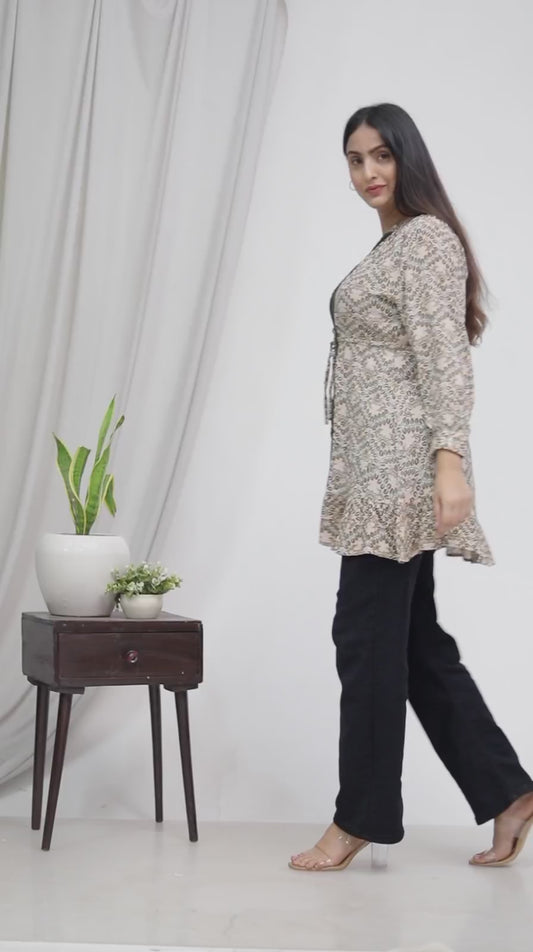 Sakura Women's Printed Rayon Crepe Top with Lace Panel & Waist Tie-Up
