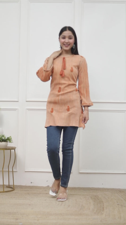 Sakura Women's Rust Orange Stone-Washed Cotton Crepe Embroidered Tunic with Tassel Detail