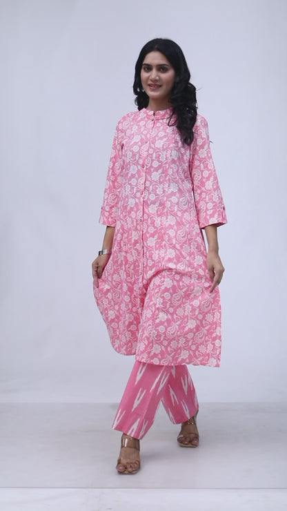 Sakura Women's 100% Cambric Cotton Princess Cut Kurta with Palazzo Set – Pink Floral Print