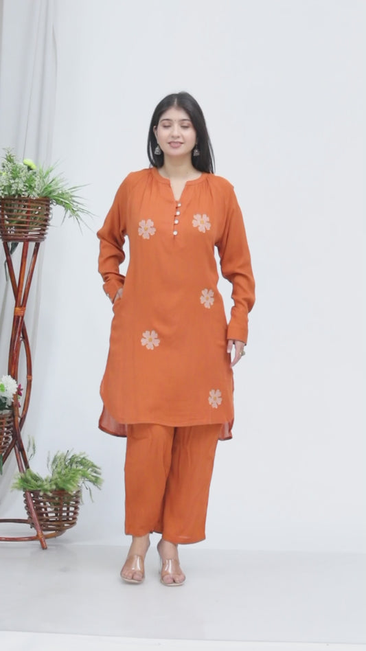 Sakura Women's Rust Floral Embroidered Liva Rayon Crepe Two-Piece Kurta and Pant Set