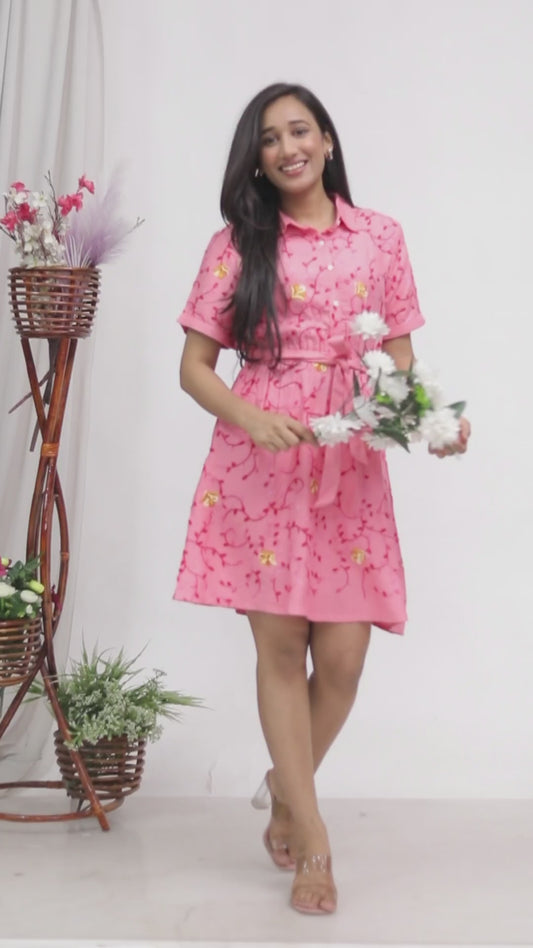 Sakura Women's Pink Aari Embroidered Shirt Dress – Premium Rayon Twill Fabric
