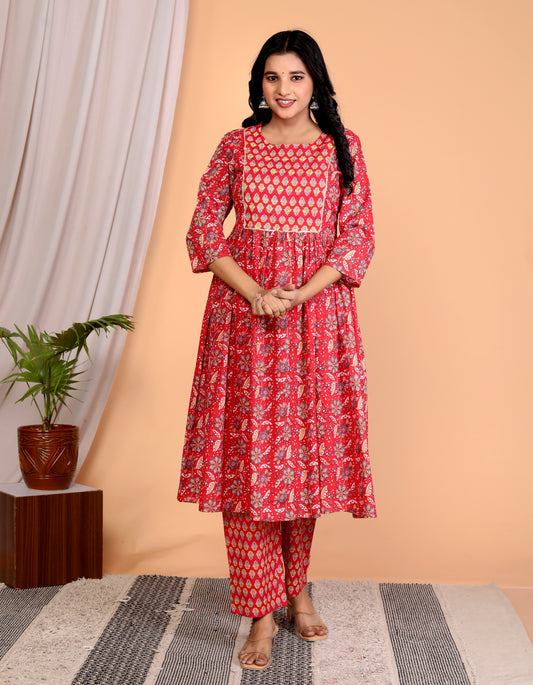 Women’s Hand-Embroidered Red Floral Cambric Cotton Anarkali Kurta Set with Palazzo – Festive Ethnic Wear with Lace Accents