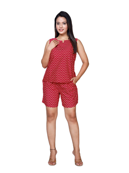 Red Zigzag Sleeveless Top and Shorts Set