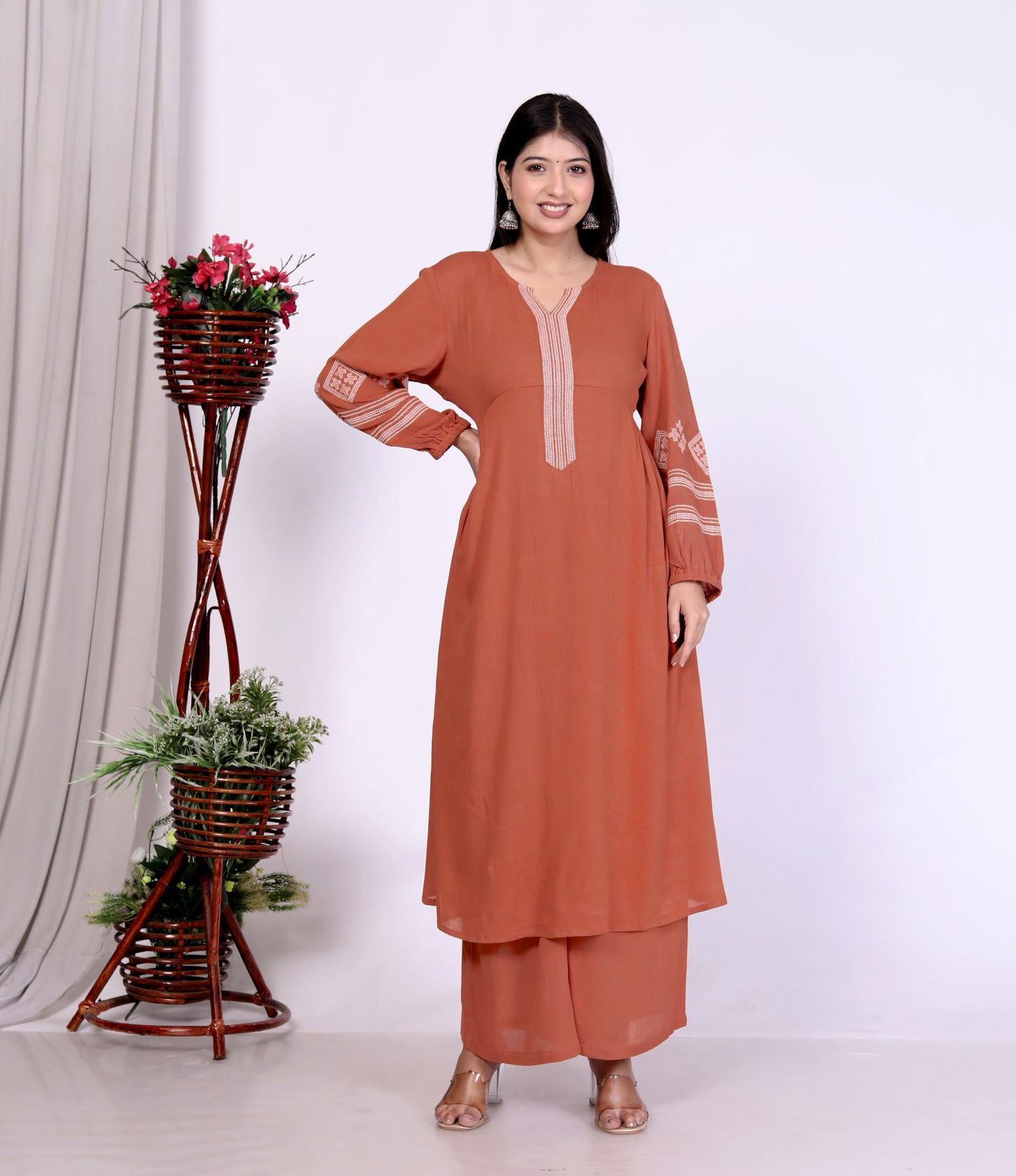 Sakura Rust Embroidered Viscose Rayon Crepe Kurta Set for Women | Ethnic Wear for Casual & Festive Occasions