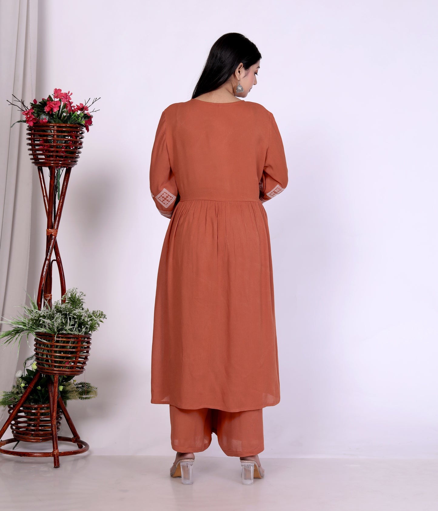 Sakura Rust Embroidered Viscose Rayon Crepe Kurta Set for Women | Ethnic Wear for Casual & Festive Occasions