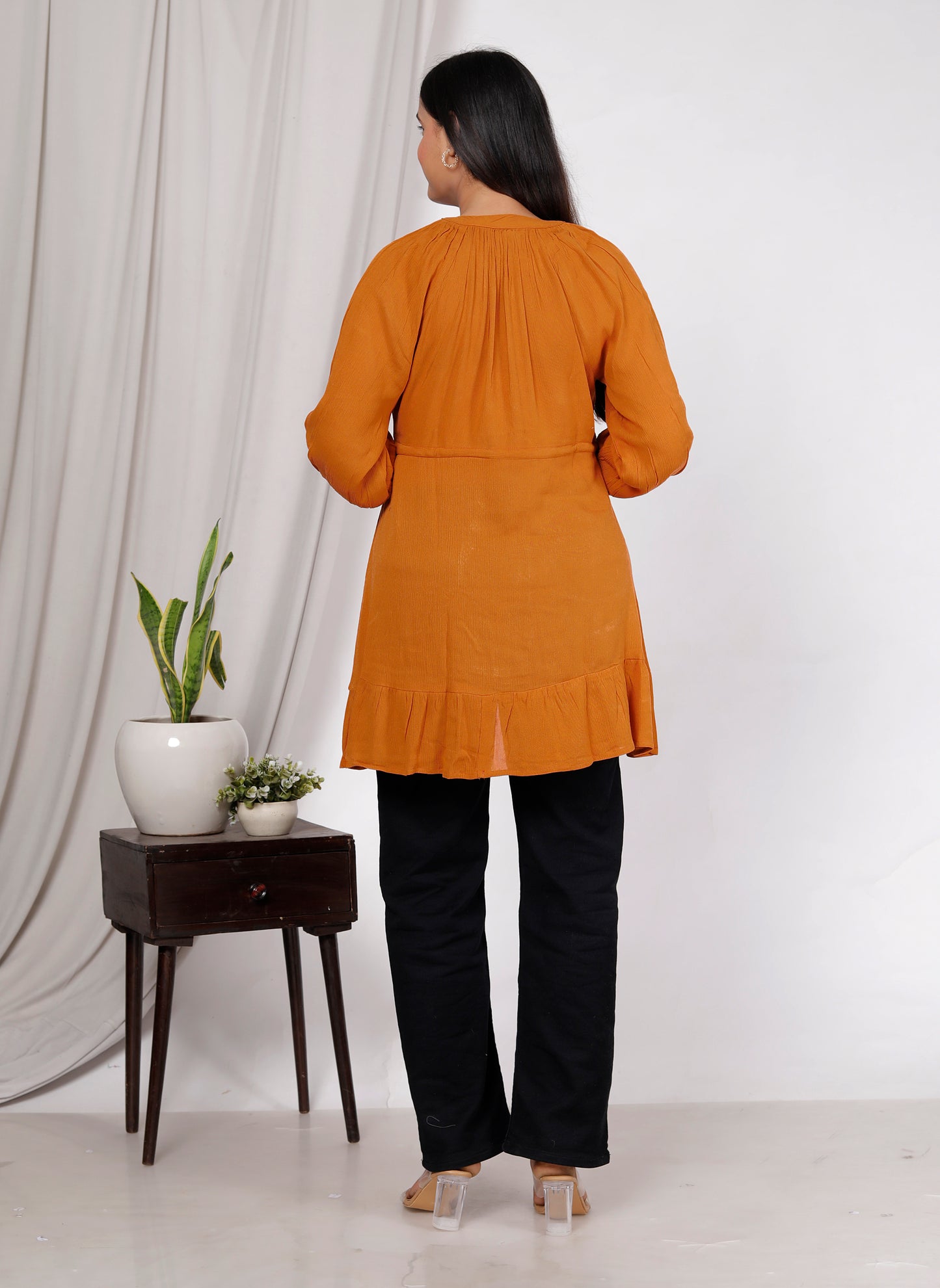 Rust V-Neck Lace Detail Topwear for Women – 100% Liva Rayon Crepe | Soft, Flowy & Breathable | Casual & Office Wear