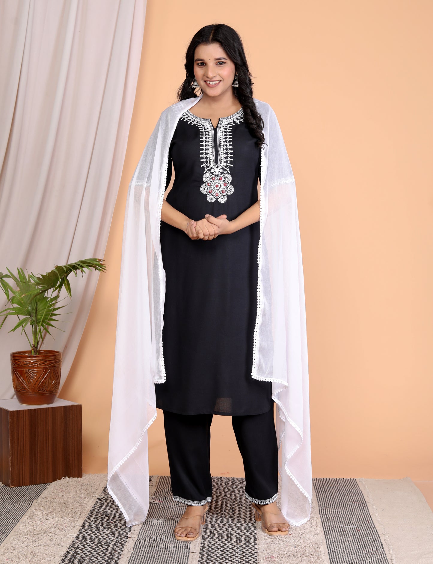 Sakura Women's Black Embroidered Kurta Set with Palazzo & Lace Dupatta - 100% Liva Viscose Rayon Staple