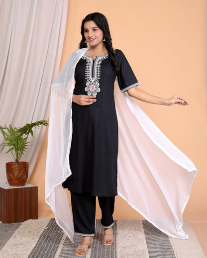 Sakura Women's Black Embroidered Kurta Set with Palazzo & Lace Dupatta - 100% Liva Viscose Rayon Staple