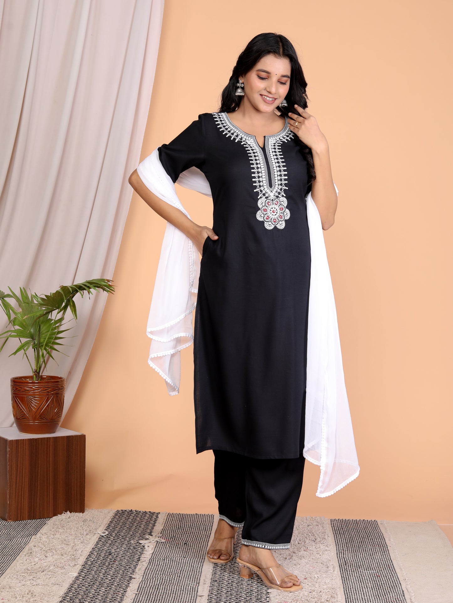 Sakura Women's Black Embroidered Kurta Set with Palazzo & Lace Dupatta - 100% Liva Viscose Rayon Staple