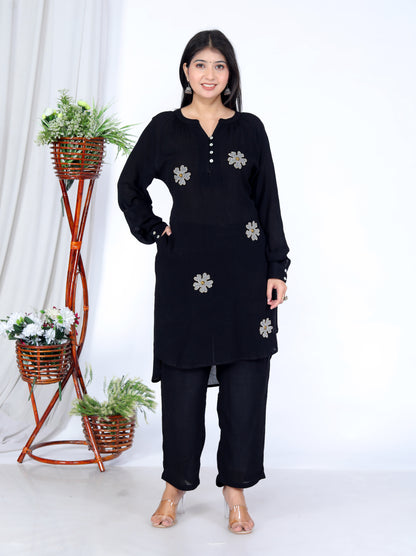 Sakura Women's Black Floral Embroidered Liva Rayon Crepe Two-Piece Kurta and Pant Set