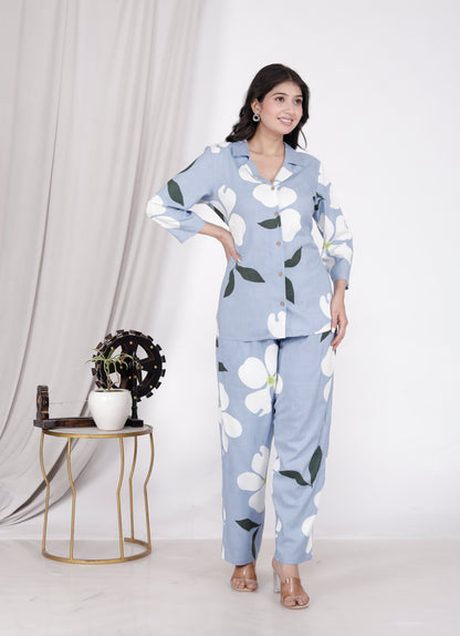 Sakura Women's Blue Floral Co-ord Set | Relaxed Fit 2-Piece Outfit in 100% Liva Rayon