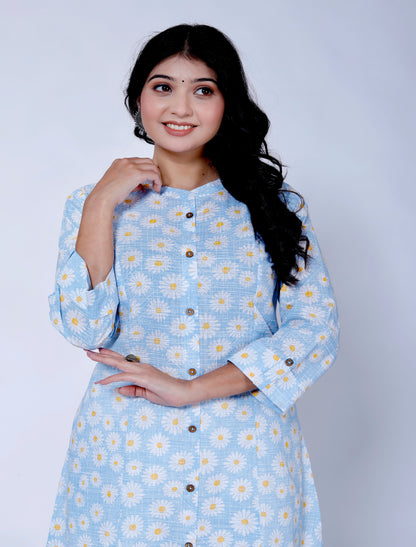 Sakura Women's Blue Floral Cotton Kurta with Palazzo Set