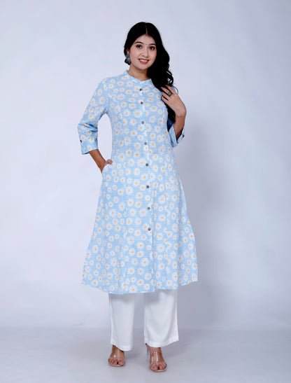 Sakura Women's Blue Floral Cotton Kurta with Palazzo Set