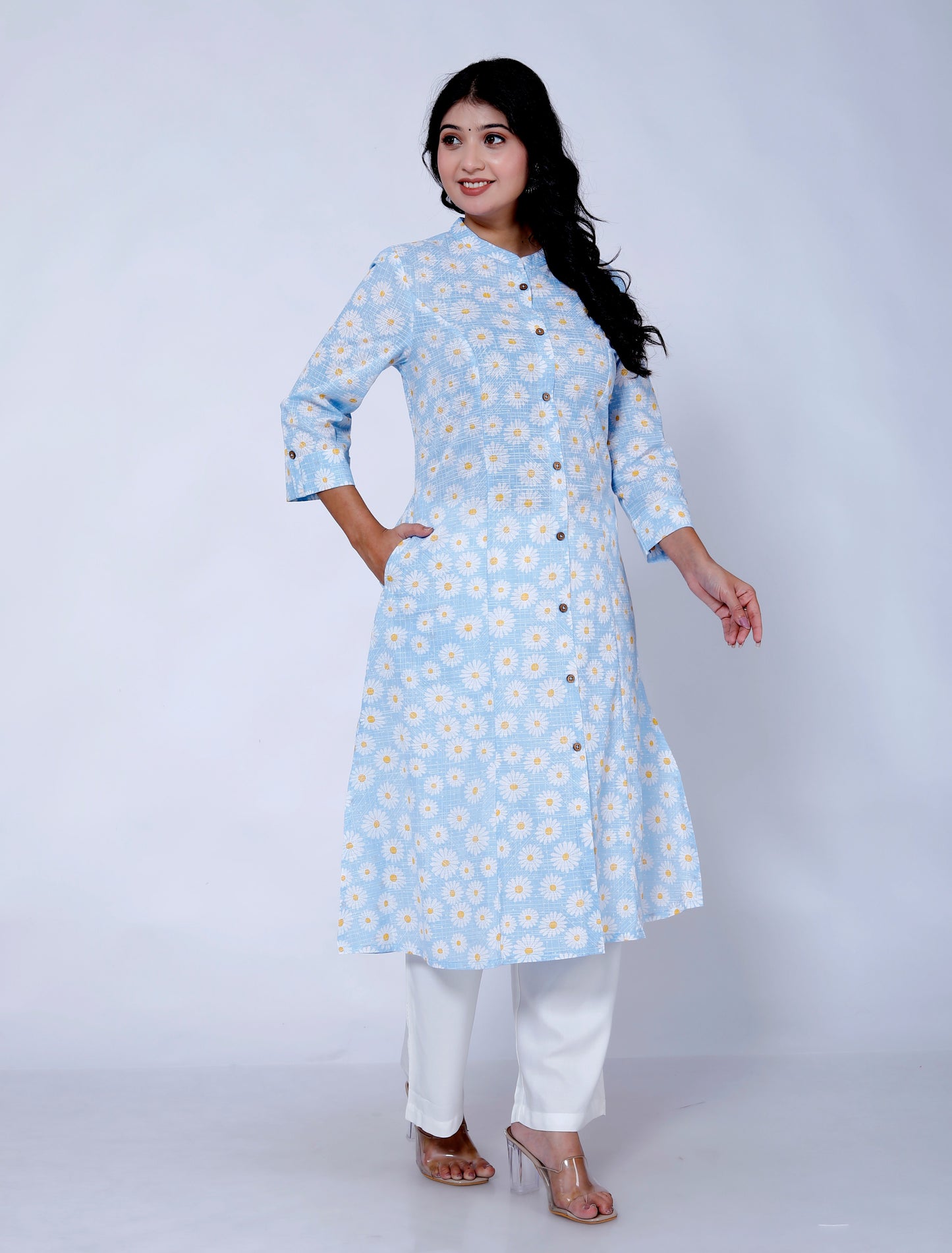 Sakura Women's Blue Floral Cotton Kurta with Palazzo Set