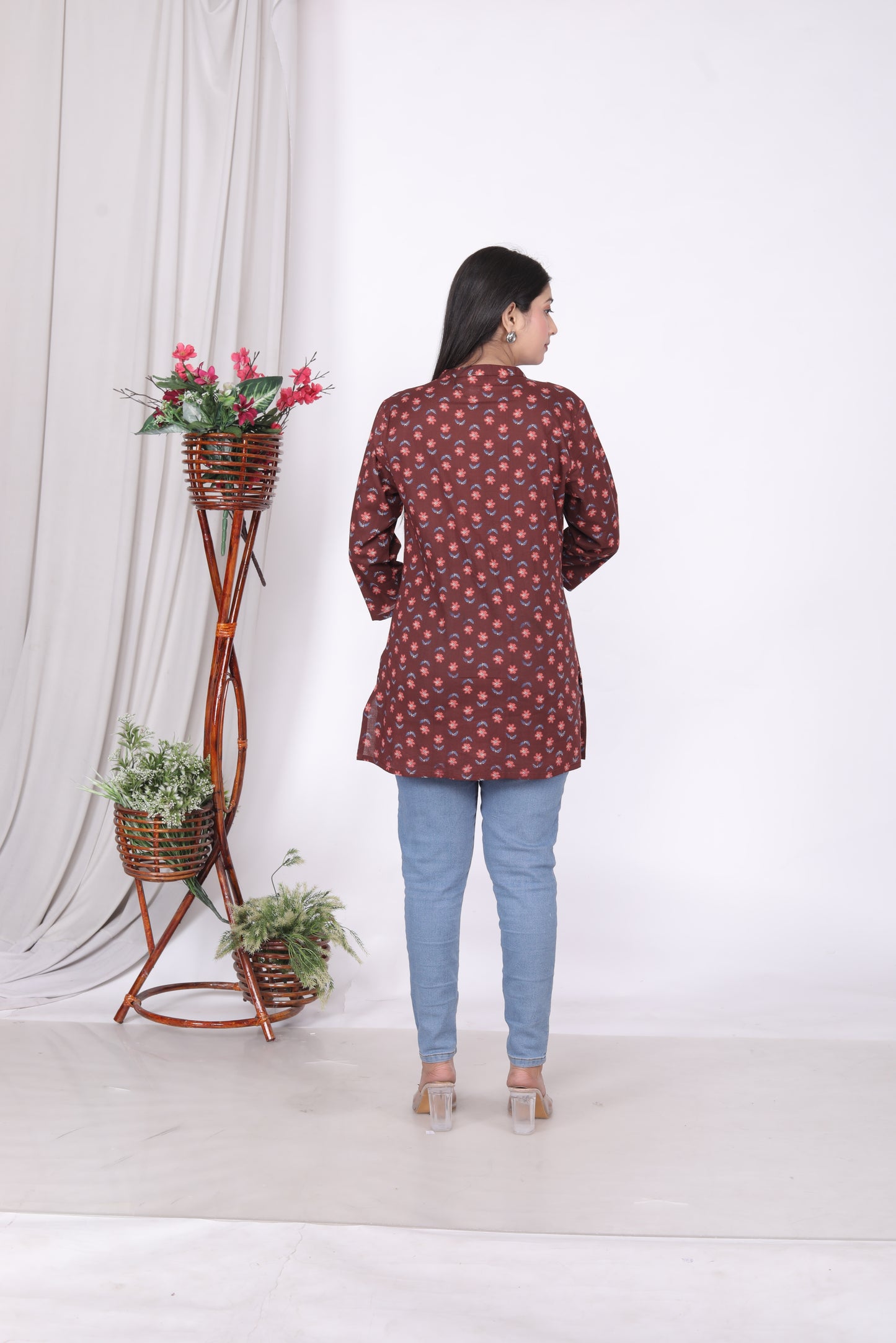 Sakura Women's Brown Floral Printed Cotton Kurti – Timeless Charm with Everyday Comfort