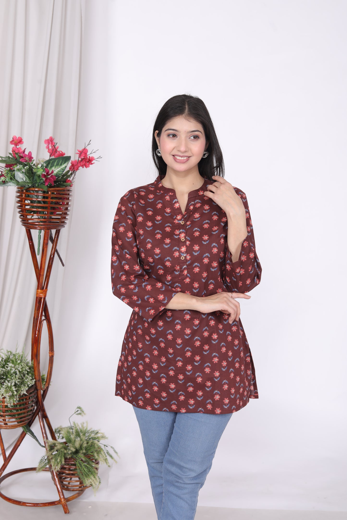 Sakura Women's Brown Floral Printed Cotton Kurti – Timeless Charm with Everyday Comfort