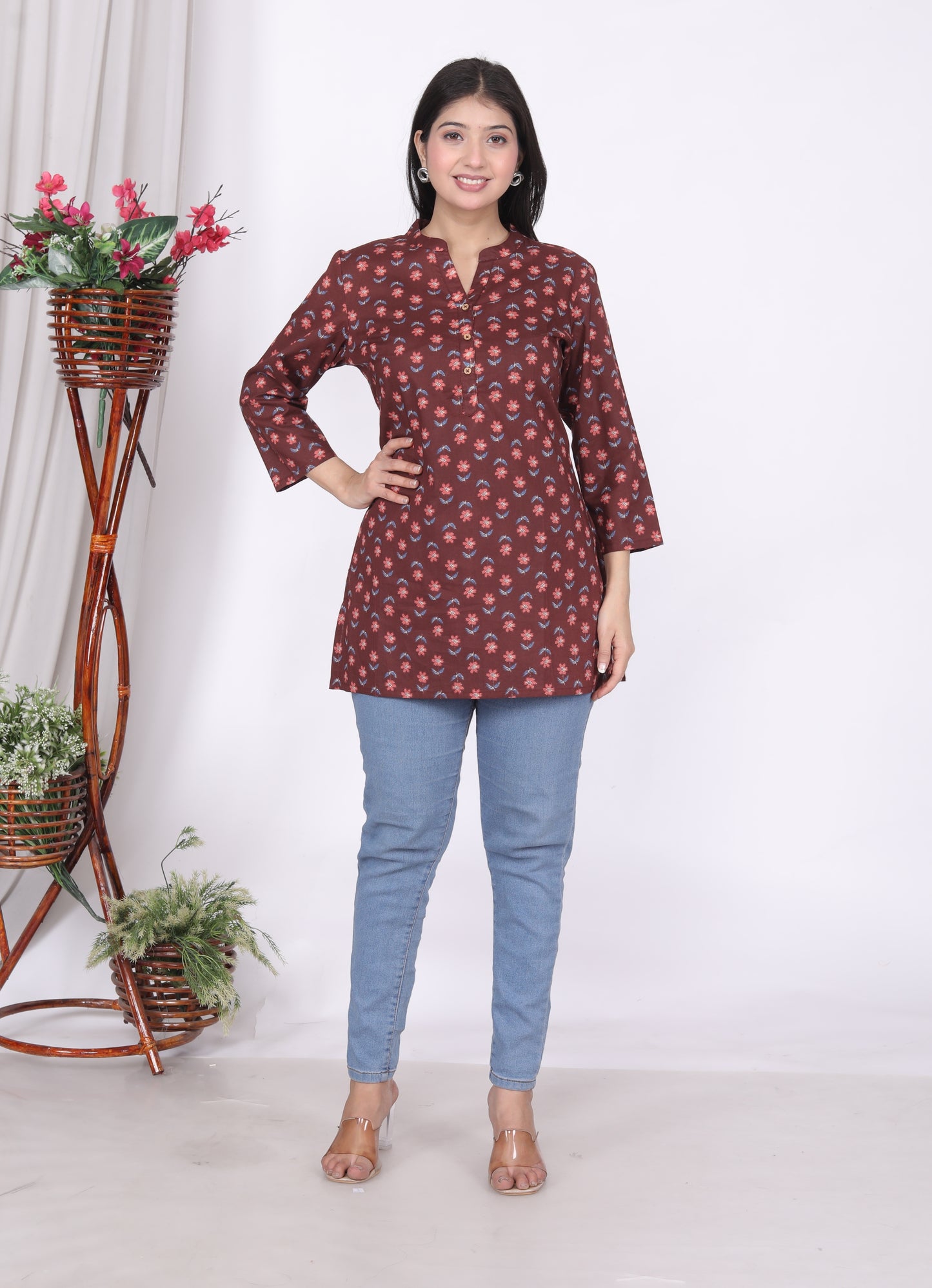 Sakura Women's Brown Floral Printed Cotton Kurti – Timeless Charm with Everyday Comfort