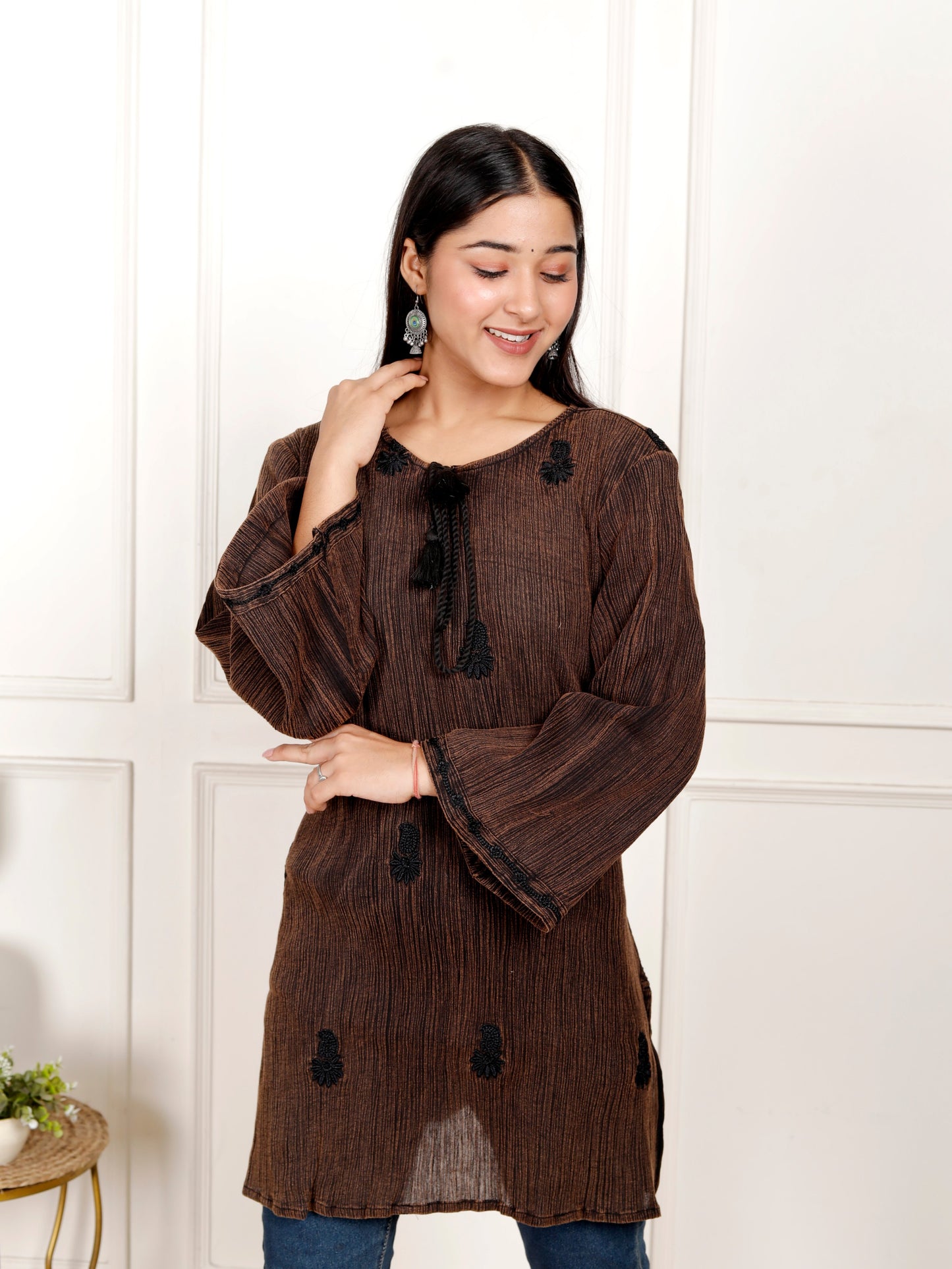 Sakura Women's Coffee Brown Stone-Washed Cotton Crepe Embroidered Tunic with Tassel Tie Neck
