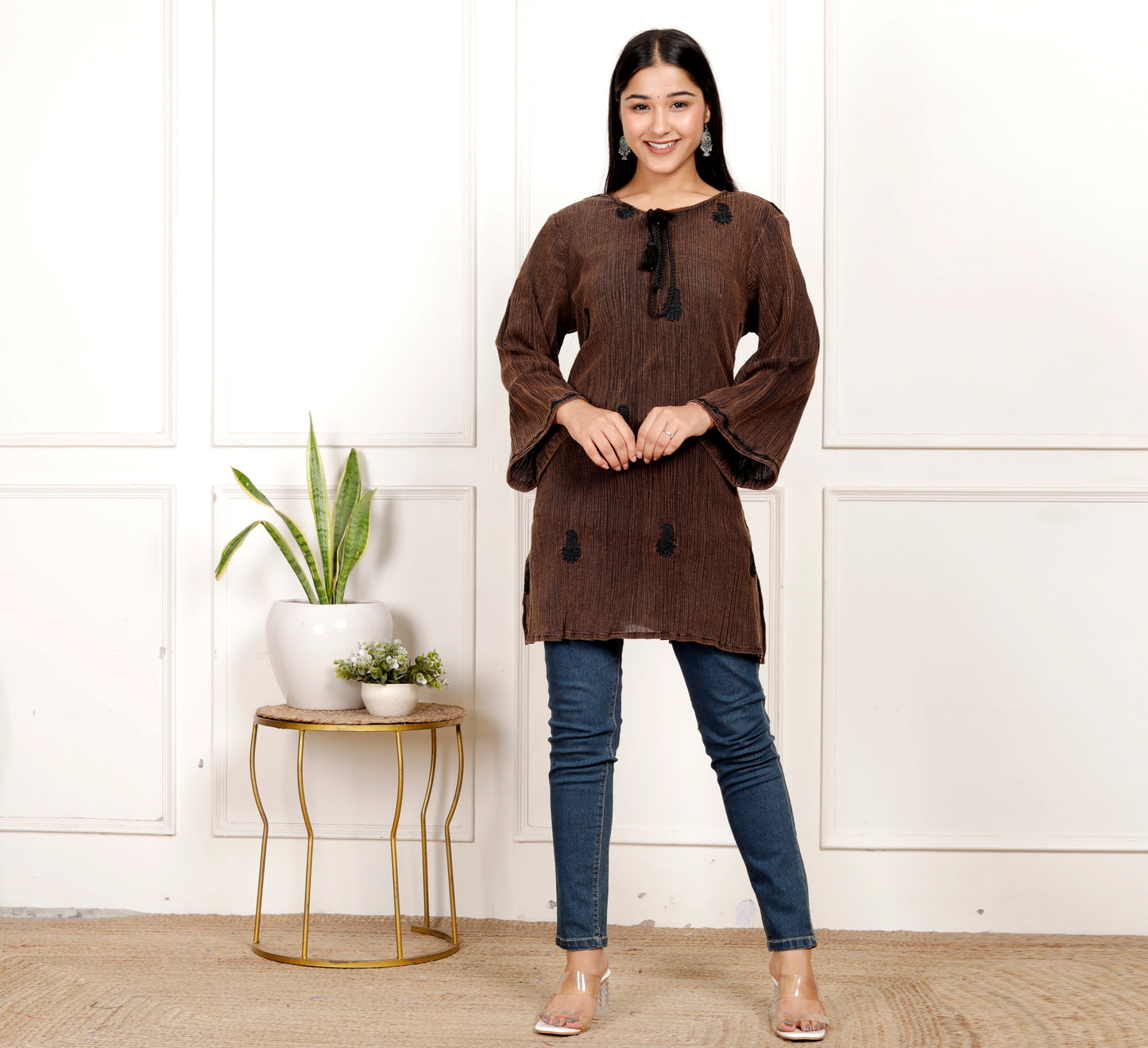 Sakura Women's Coffee Brown Stone-Washed Cotton Crepe Embroidered Tunic with Tassel Tie Neck