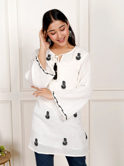 Sakura Women's White Cotton Crepe Embroidered Tunic with Tassel Tie-Up