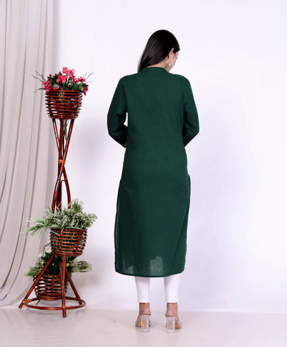 Sakura Women's Dark Green Cambric Cotton Kurti with Intricate Thread Embroidery