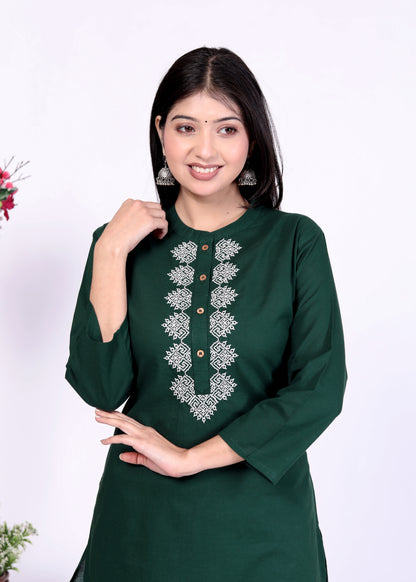 Sakura Women's Dark Green Cambric Cotton Kurti with Intricate Thread Embroidery