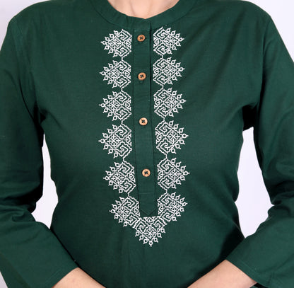 Sakura Women's Dark Green Cambric Cotton Kurti with Intricate Thread Embroidery